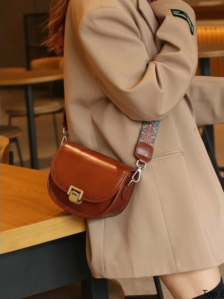 Mini Half Moon Crossbody Bag for Women Genuine Leather Timeless Vintage Everyday Adjustable Wide Strap Luxury Handbag