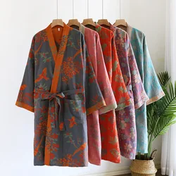 Women's Printed Cotton Loose Fitting Bathrobe Japanese Style Kimono with belt Bathrobe Sweat Steaming Cotton Pajamas Robes Women