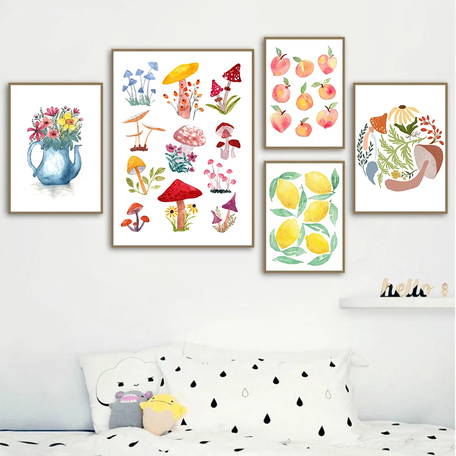 Cute Animal Watercolour Vegetable Fruit Kindergarten Art Wall Art Canvas Painting Nordic Poster Home Living Room  Decor