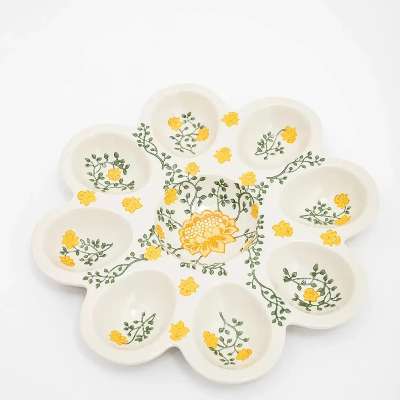 

Handmade painted floral pattern ceramic plate, egg holder