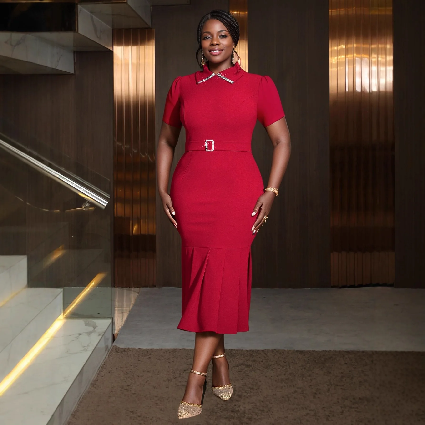 

Изящное модное стильное платье с отложным воротником и короткими рукавами, элегантное вечернее облегающее вечернее платье с высокой талией, женское платье