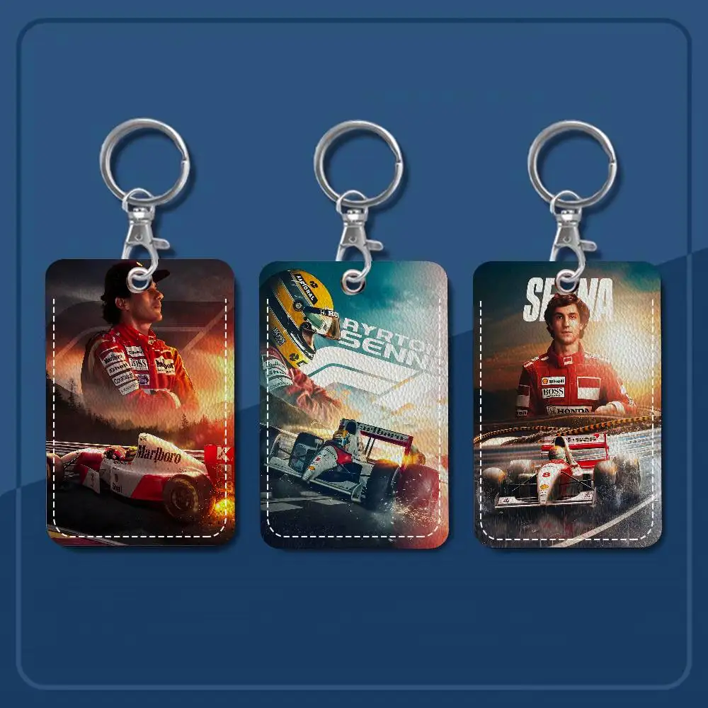 A-Ayrton Senna Rectangle ID Card Case Keychain Access Card Bag Key Tag Ring Leather Card Holder Key Ring Access