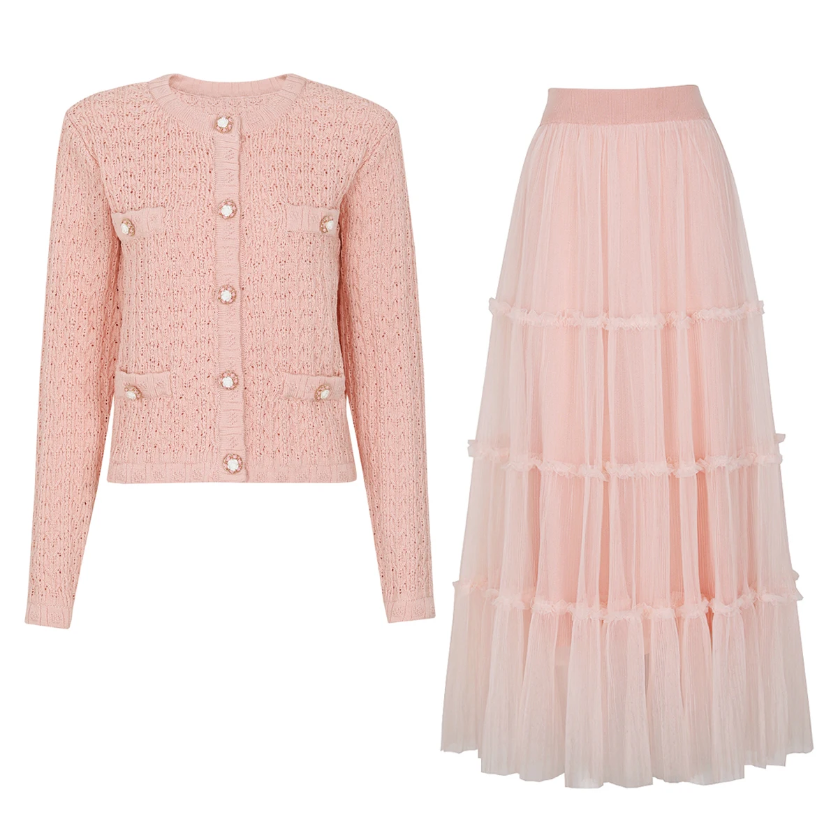 

25297 High-quality Spring And Summer New Fashion Elastic Knitted Hollow Long Sleeved Cardigan+mesh Slim Fit Skirt Women's Set