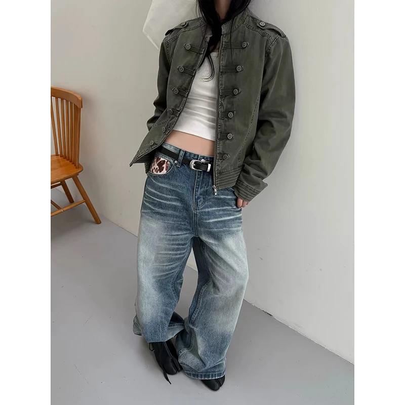 ZHIZOU Autumn Winter Women Army Green Zipper Denim Jacket American Retro Y2k 2000s Short Cargo Jacket Cowboy Outwear Tide Punk