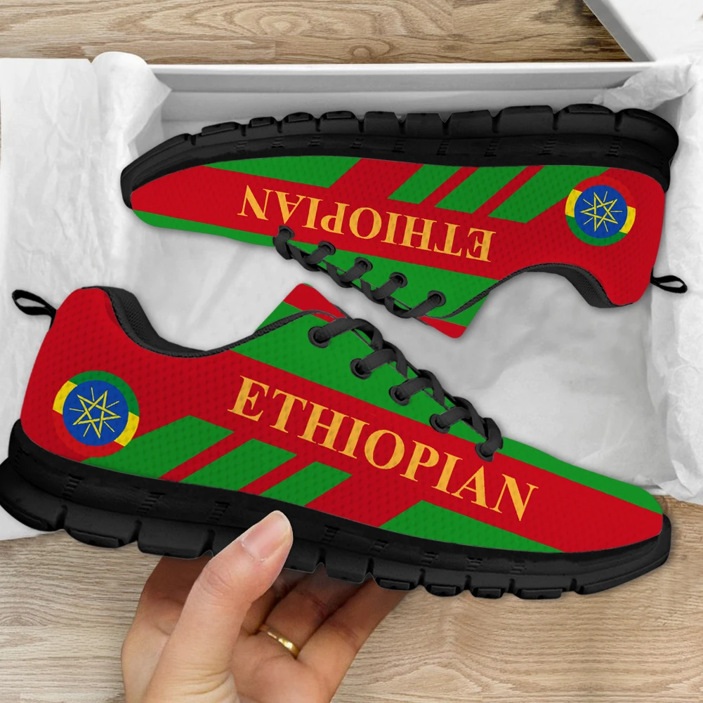 INSTANTARTS Ethiopian Flag Print Women's Lace-up Flat Shoes Autumn Comfort Sneakers Lady Lightweight Casual Walking Tennis 2023