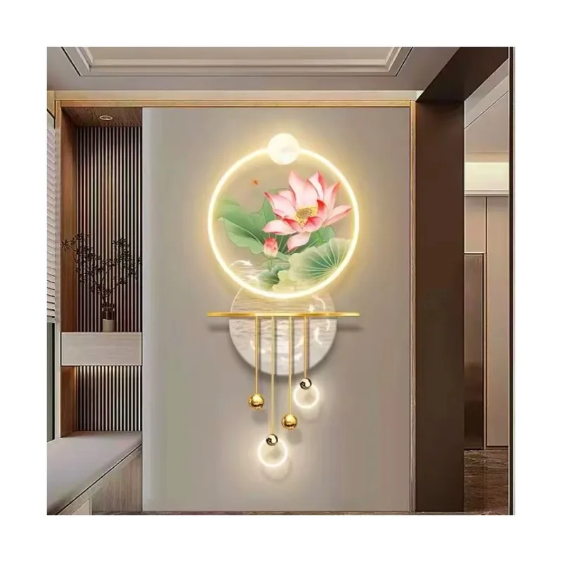 2024 Luxury Newest LED Lotus  3D home wall decoration with artificial tree Metal art acrylic Light landscape flower paintings