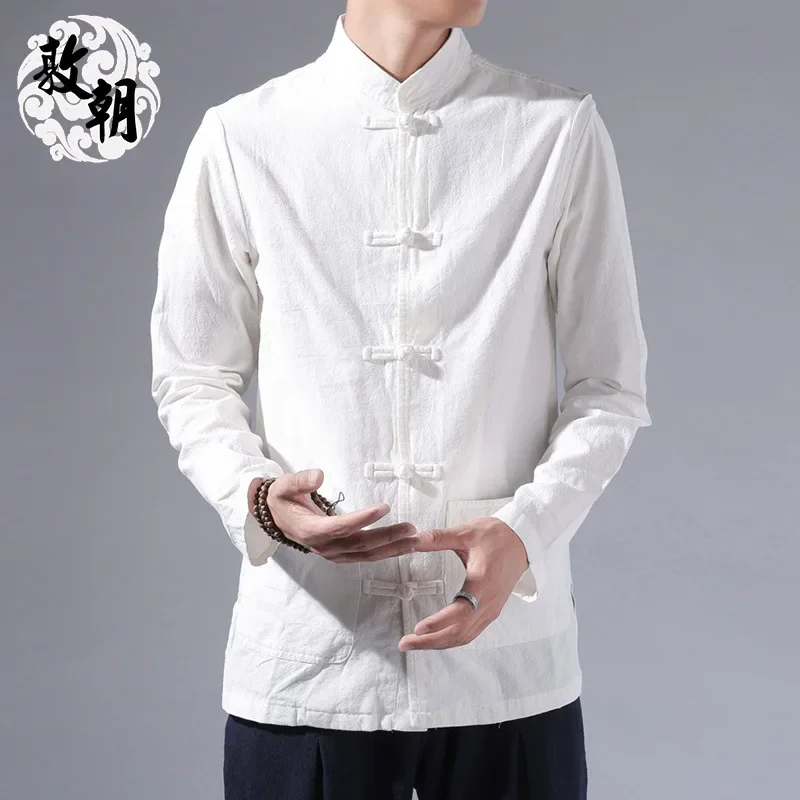 Vintage Chinese Style Men's Long Sleeve Shirt Casual Hanfu Stand Collar Button Up White Top For Men Fashionable Casual Wear