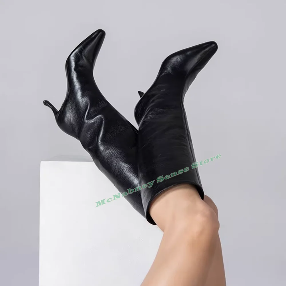 Strange Style Knee High Boots Solid Leather Slip On Matte Women Boots Spring Autumn Party Pointy Toe Shoes Designer Casual New