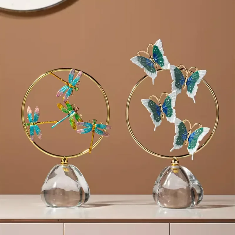 Metal Handicraft Hollow Butterfly Ring Crystal Base Dragonfly Sculpture Metal Figurine Home Decoration Accessories
