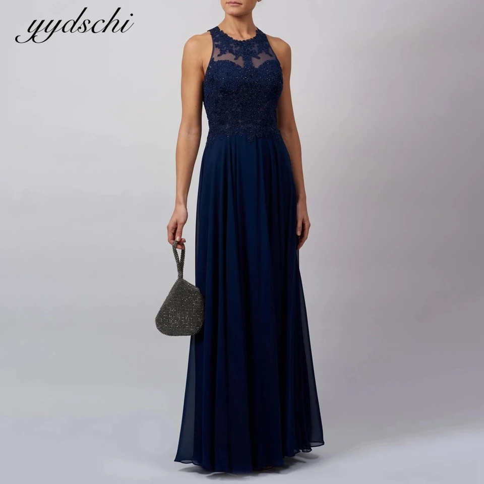 

Prom Dress Evening Gowns Dark Blue Chiffon ,Mermaid Evening Dresses ,Black Lace Applique Long Formal Evening Party Gowns