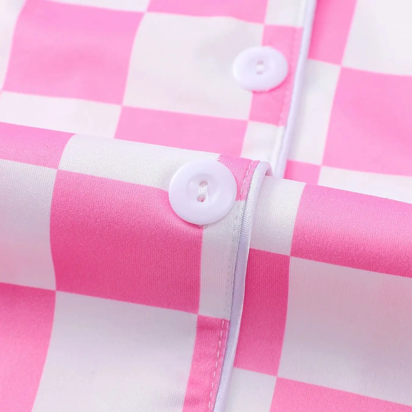 Sweet Cool Full Printed Checkered Pajamas Pink and White Bottom Women's Flip Collar Cardigan Elastic Waist Shorts Home Two Piece view 5