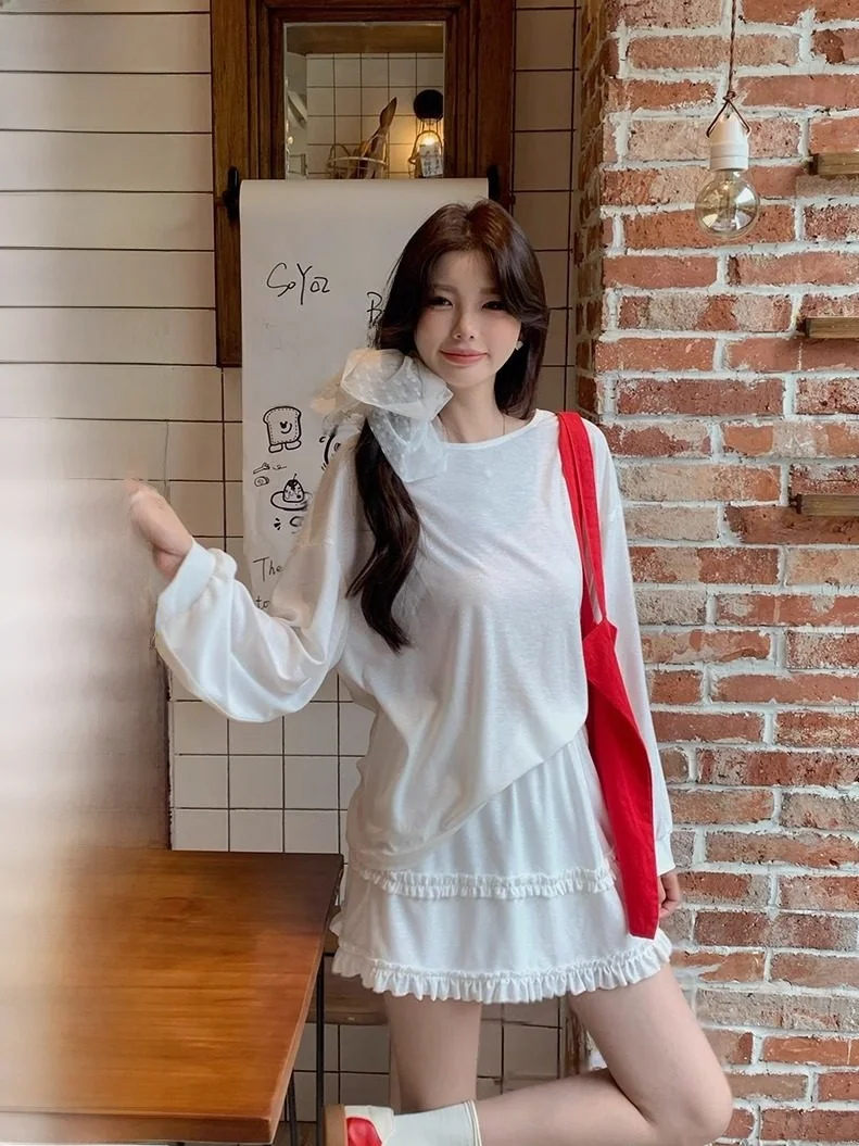 

Sweet Casual Summer Set Women's Long Sve Sun Protection T-irt with Wood ain Ruffle Skirt Two-Piece Cotton Ensemble