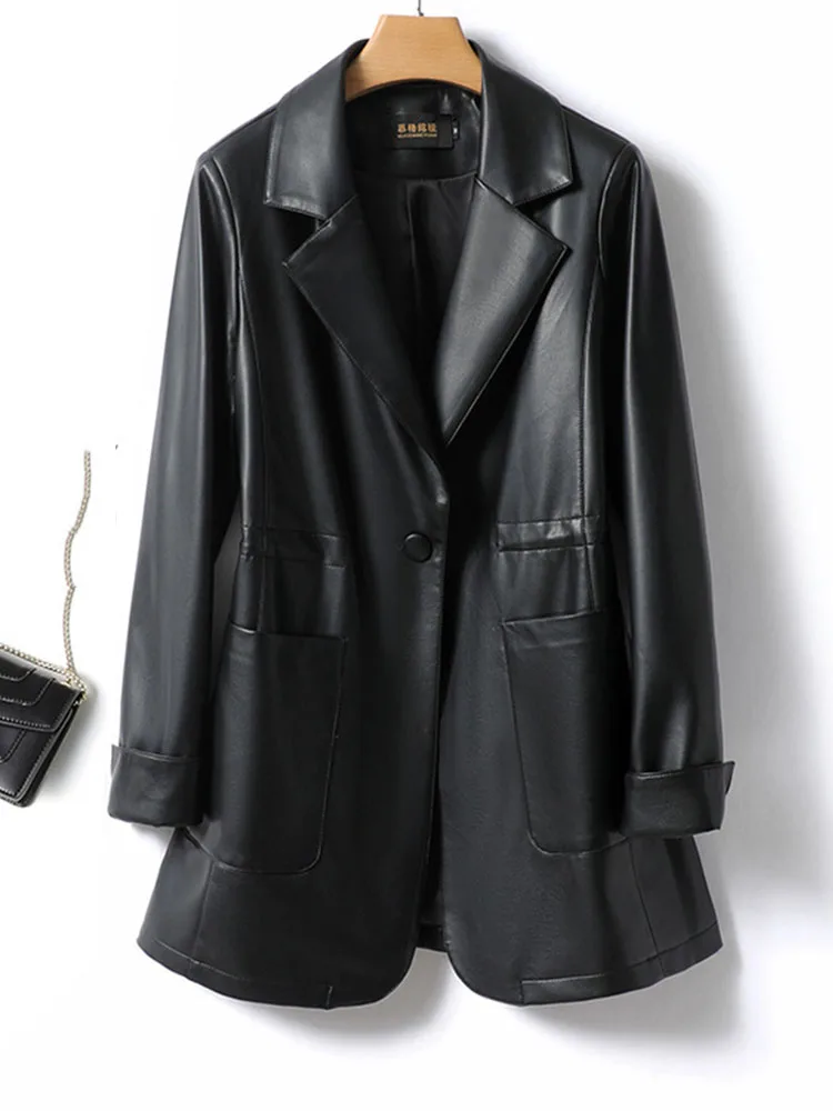 Women's coat suit collar waist cinched mid length single leather suit jacket 2025 Spring and Autumn new fashionable coat