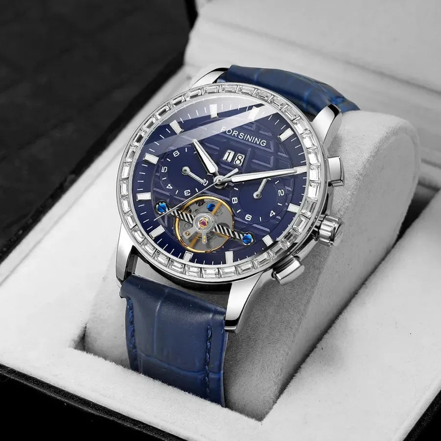 Forsining 410 Automatic Watches Waterproof Diamond Tourbillon Week Date Watch For Men Luxury Brand Wristwatch Mechanical