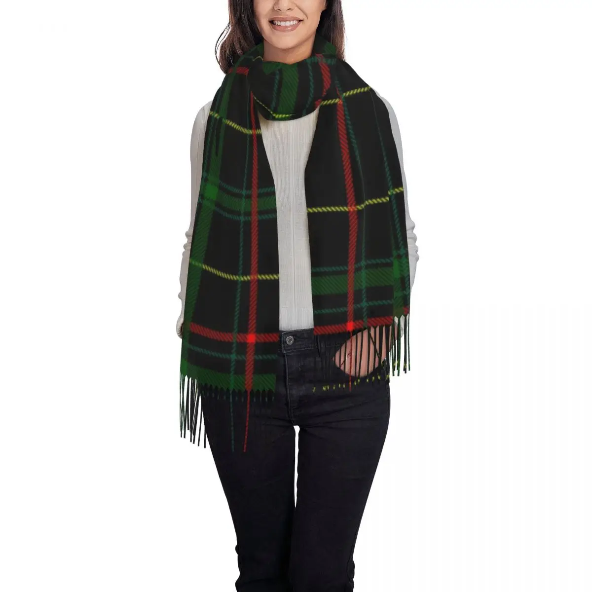 Ladies Large Black Watch Tartan Modern Scarves Women Winter Soft Warm Tassel Shawl Wraps Scotland Art Scarf