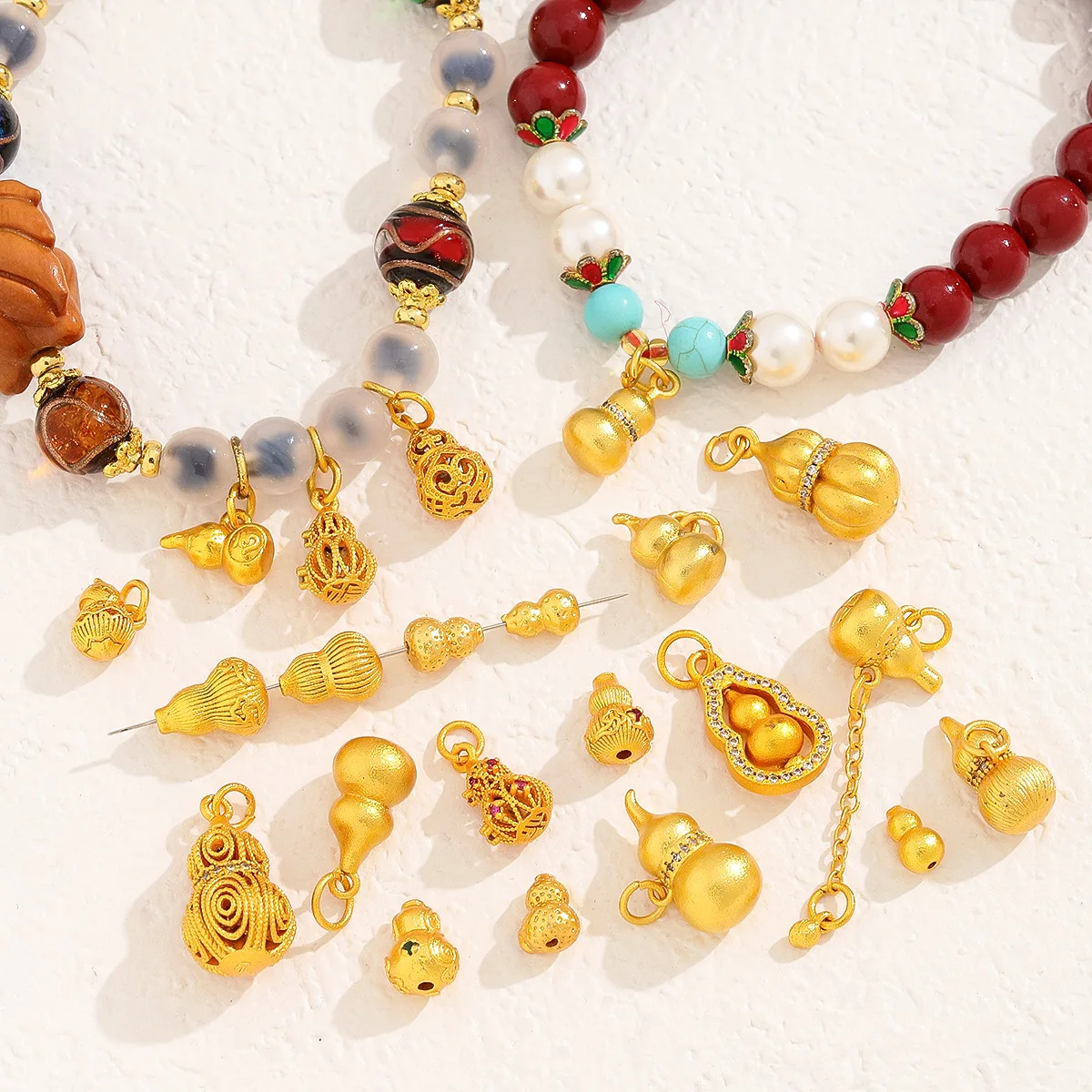 Chinese Style Lucky Gourd Charms Copper Sand Gold Plated Spacer Beads Pendants For Diy Jewelry Making Bracelet Necklace Blessing