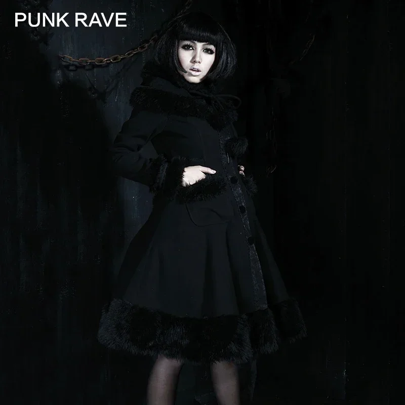 PUNK RAVE Lolita Sweet Women Woolen Red Black Coat Hat Hooded Patchwork  Dress Imitation Rabbit Fur Christmas Overcoat