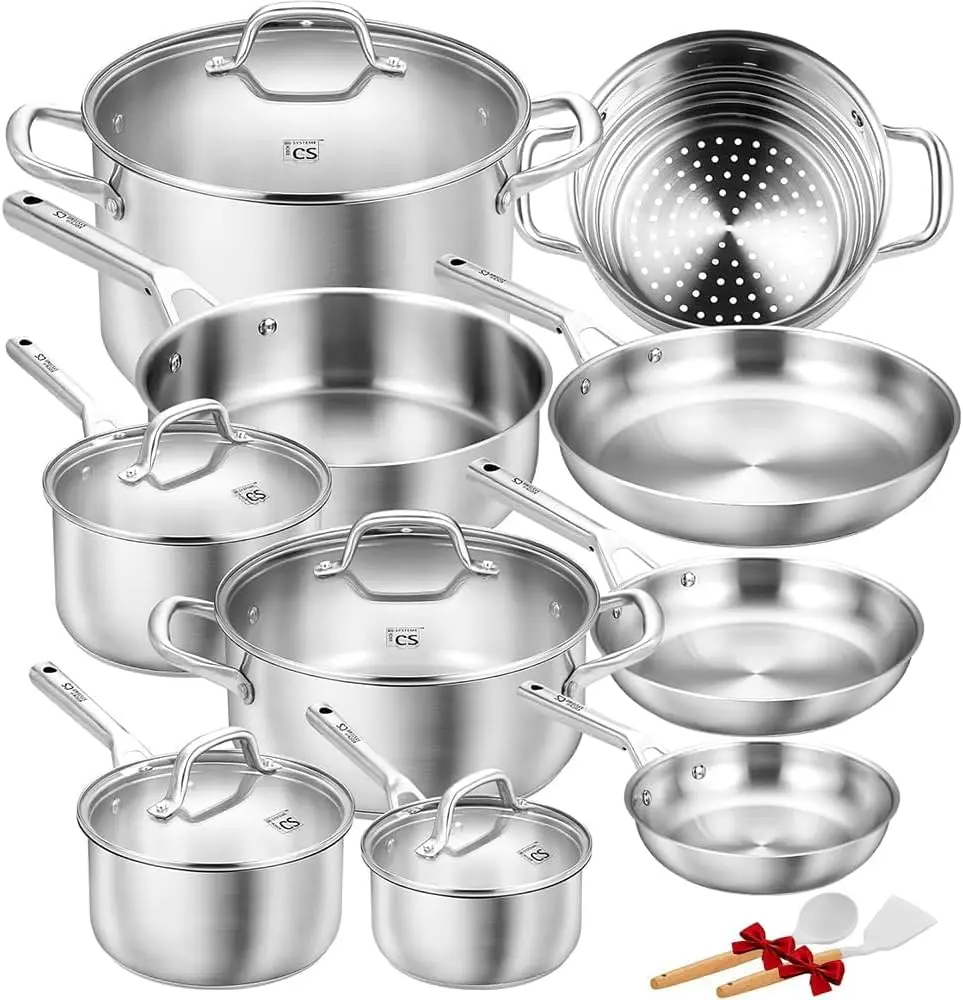 

Stainless Steel Cookware Set 17 Piece, Professional 18/10 Stianless Steel Pots and Pans Set, 5-Layer Stainless Base, Oven Safe,