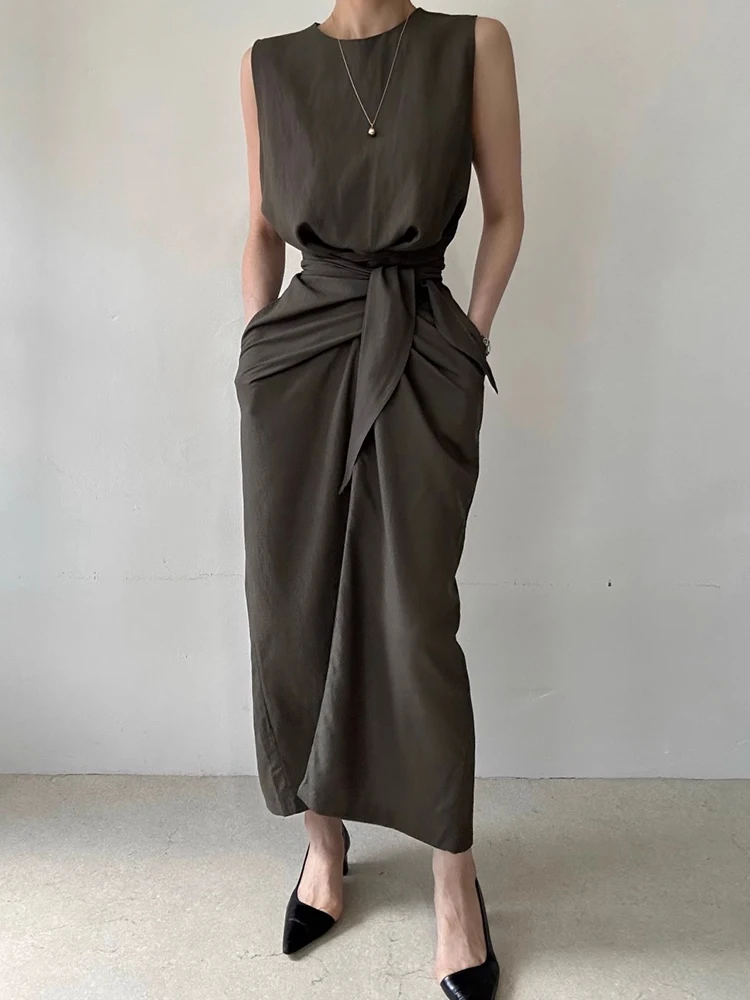 فستان صيفي أنيق بخصر مرتفع وياقة مستديرة مع تصميم حزام معقود، فستان نحيف على الطراز الكوري للنساء، تنورة طويلة