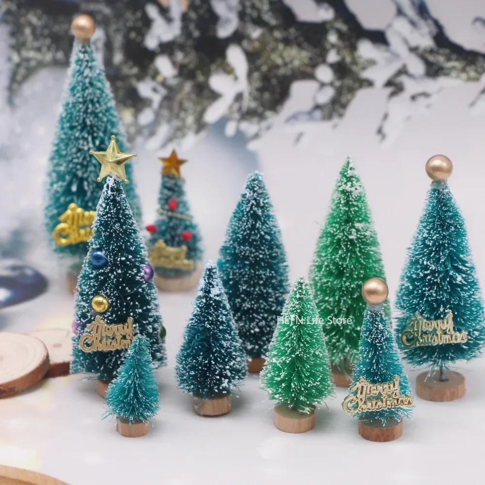 Decorated Mini Christmas Tree Cedar Pine on Sisal Silk Blue-green Mini Pearl Pentagram Christmas Tree Figurines & Miniatures