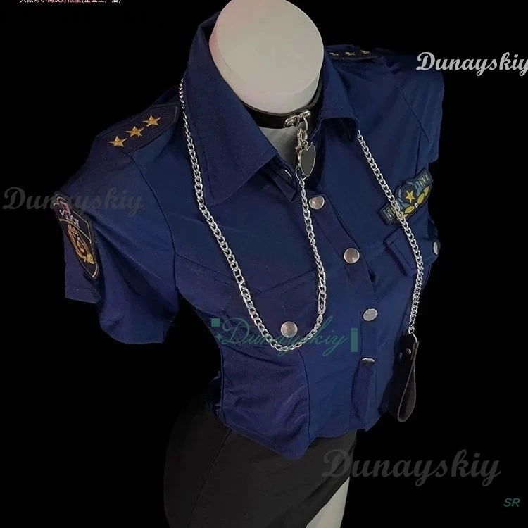 نساء ضابط الشرطة/مضيفة طيران تأثيري طوق تنورة الحرير الأسود Strappy الجوارب قميص هالوين هدية عيد الحب