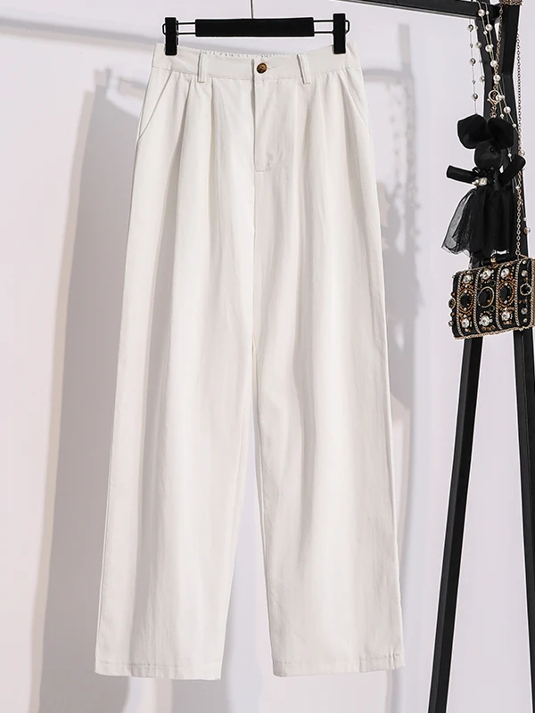 Pantaloni casual in cotone a gamba dritta ampia da donna Pantaloni lunghi a vita alta Tessuto di cotone waed bianco Comodi jeans autunnali