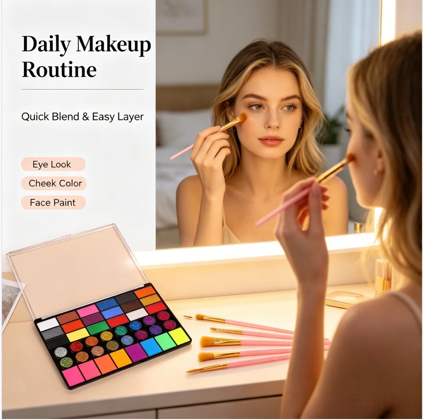 42 Color Shimmer Matte Face & Body Paint Palette Professional Makeup Kit with 10 Pcs Pink Brushes for Party Festival Cosplay Gif