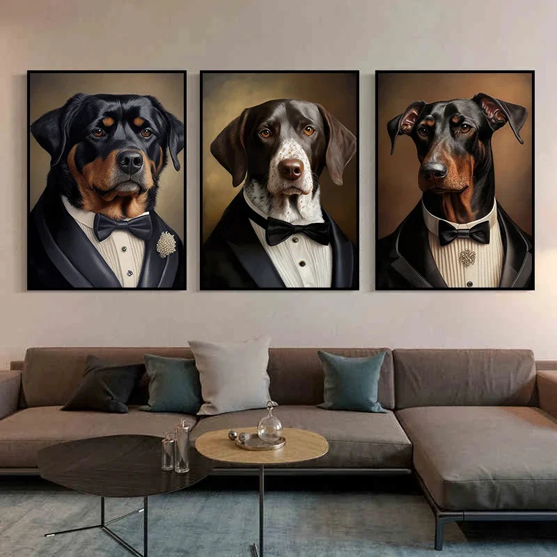 Retro Rottweiler Husky Shepherd Bulldog Yorkshire Dachshund A dog in A Tuxedo Canvas Painting Wall Art Pictures Home Room Decor