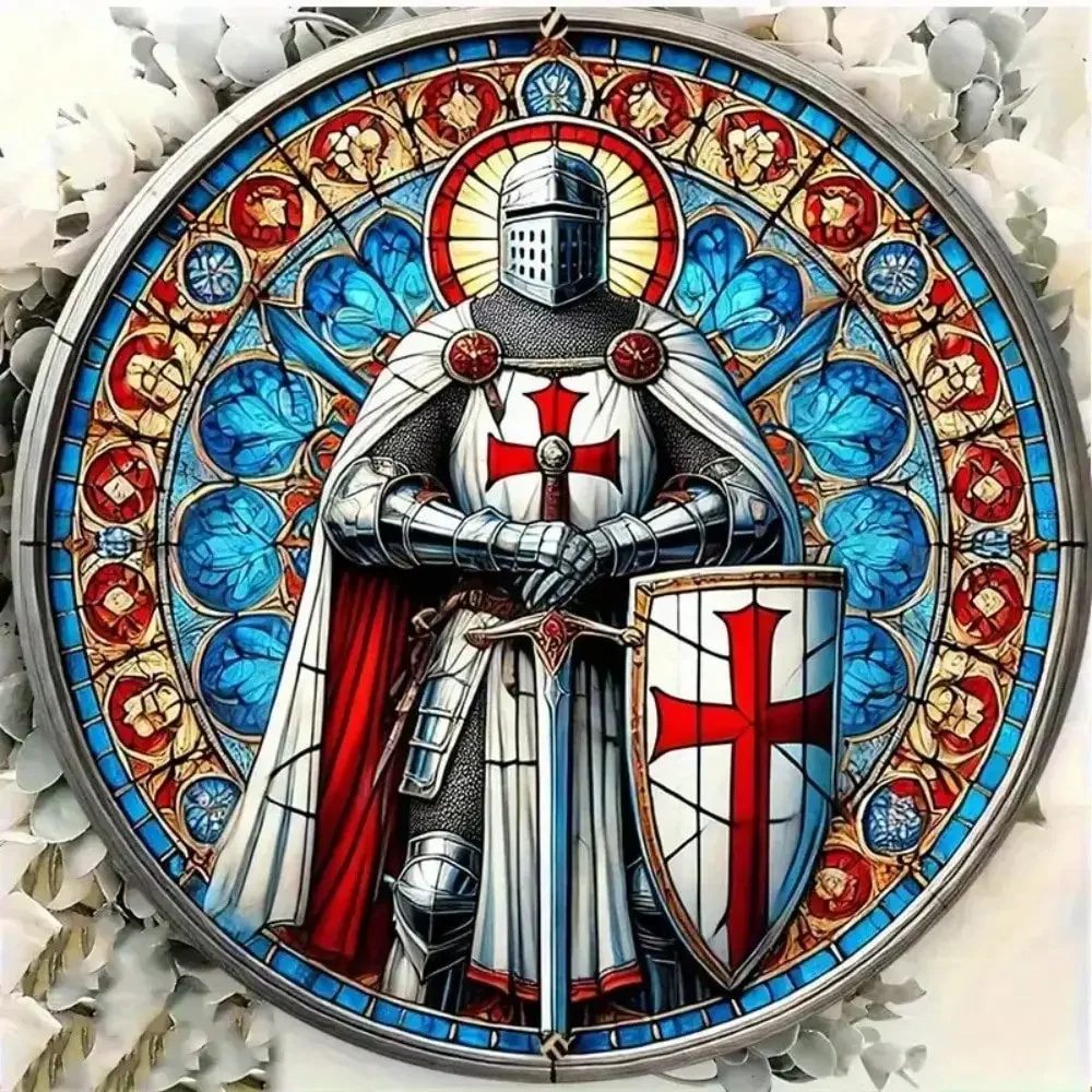 Templar Knight Stained Glass Art Tin Sign - Vintage Durable Metal Plaque Wall Decor, Home Office Bar Man Cave Wall Art view 2