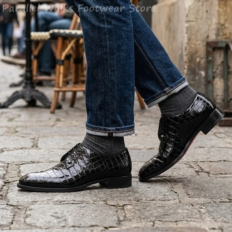 Men Patent Leather Oxford Shoes Crocodile Pattern Lace Up Dress Shoes Formal Party Wedding Footwear Shiny Flat Derby Oxfords