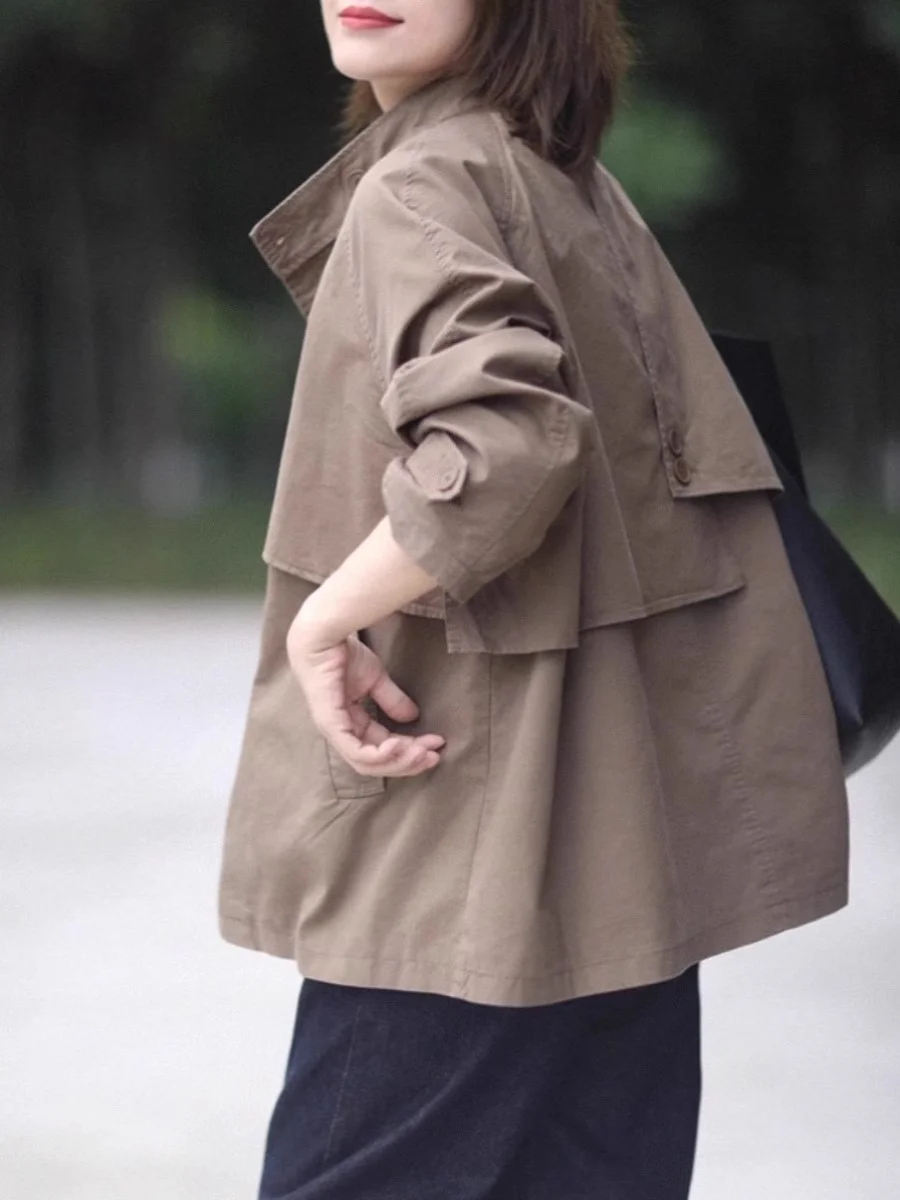 

Korean Sle ort Women's Coat Spring Stand Collar Age Reduction Faionable Midi Length Jaet Large Size Outerwear