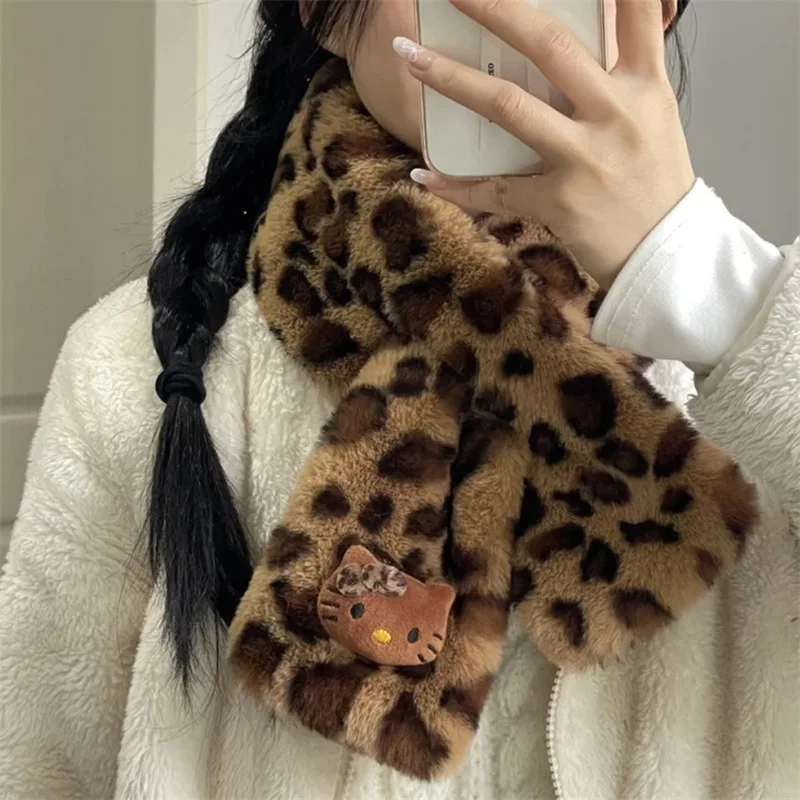 Kawaii Hello Kitty Winter Women Scarf Soft Faux Rabbit Fur Scarves Leopard Print Neck Collar Girl Neckerchief Warmer Stuff