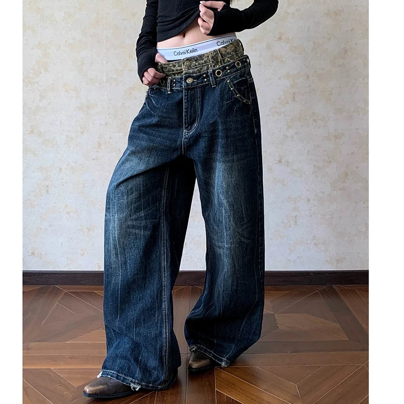 

American Style Distressed Leopard Jeans Women Vintage Rivet Double-waist Wide Leg Denim Pants Casual Y2K Streetwear Trousers