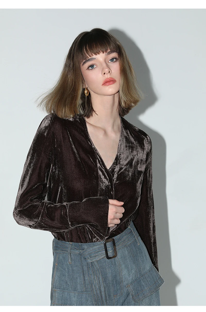 Luxury Style Silk Velvet Women's Shirt Long Sleeve V-neck Long Sleeve Simple and Fashionable Urban Clothing Shiny and Lustrous