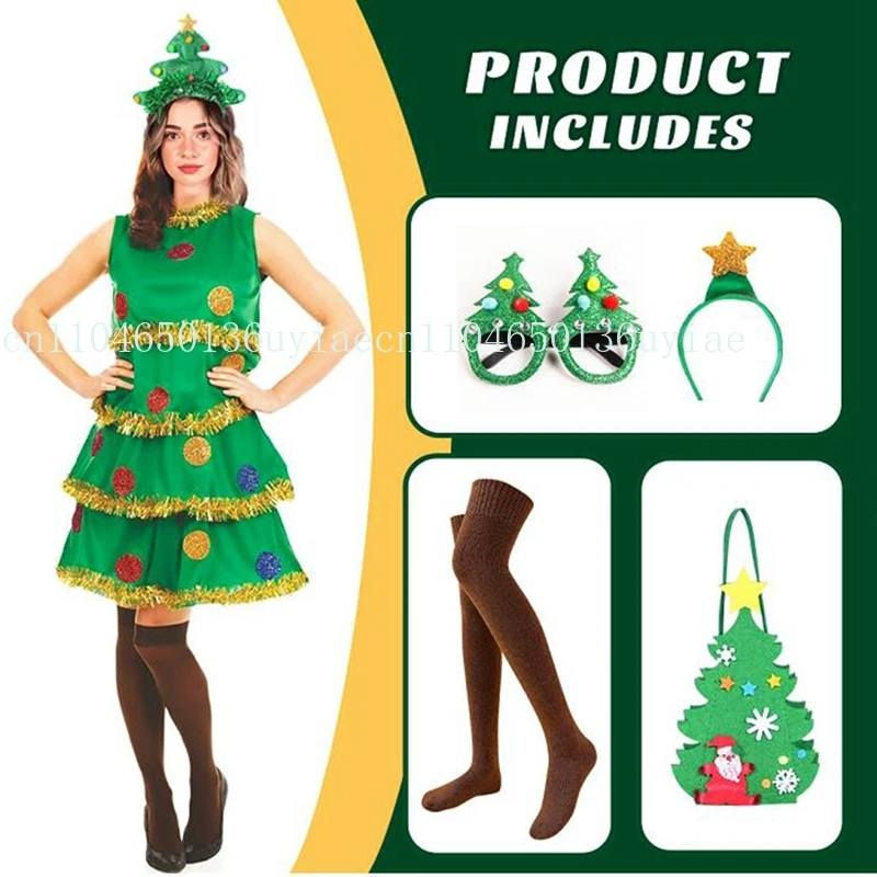 Costume da donna per albero di Natale, set senza maniche, girocollo, torta, abito a trapezio, fascia per occhiali, borsa per calzini lunghi