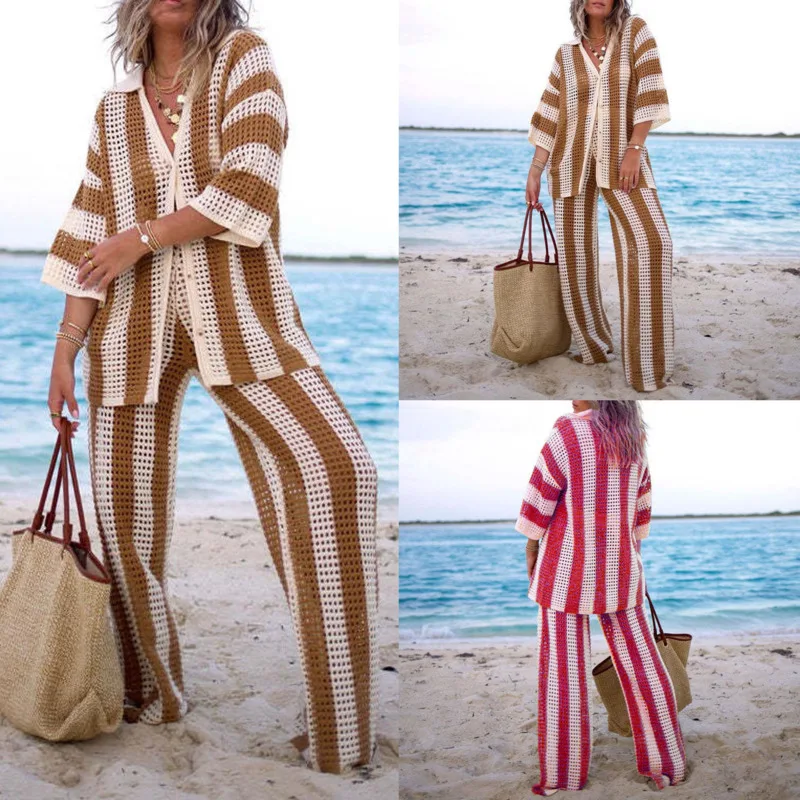 Hollow Striped Shirt Pants Set Summer 2024 Bohemian Casual Plaid Striped Knit Beach Pants Vacation V-neck Loose Wide Leg Pants