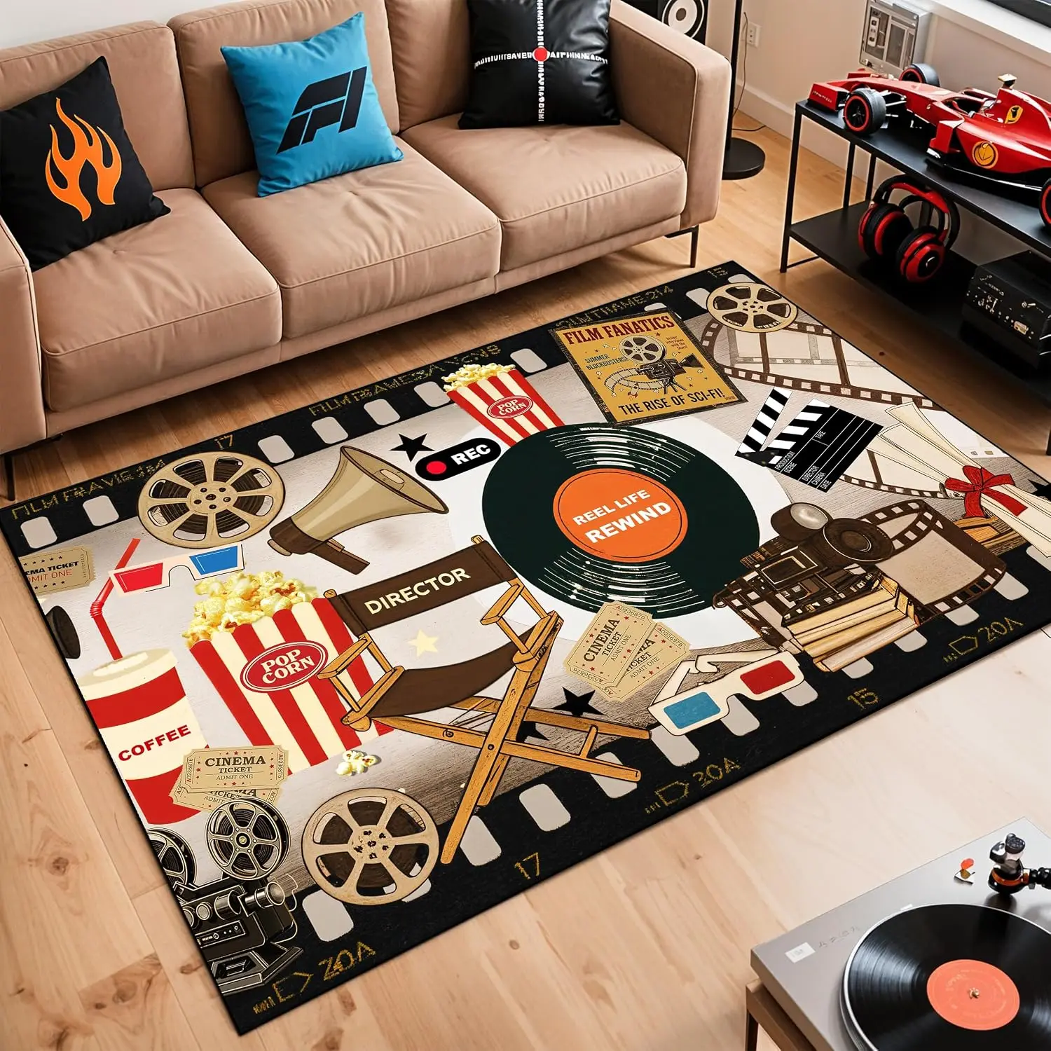 Movie Night Cinema Washable Rug, Soft Non-Slip Carpet for Home Theater Living Room, Retro Pop Culture Decor Floor Mat