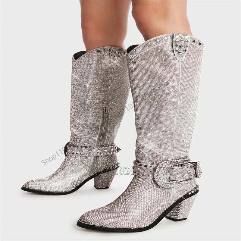 

Silver Crystal Buckle Rhinestone Decor Pointed Toe Boots Side Zipper Women Shoes Chunky Heels Fashion 2023 Zapatos Para Mujere