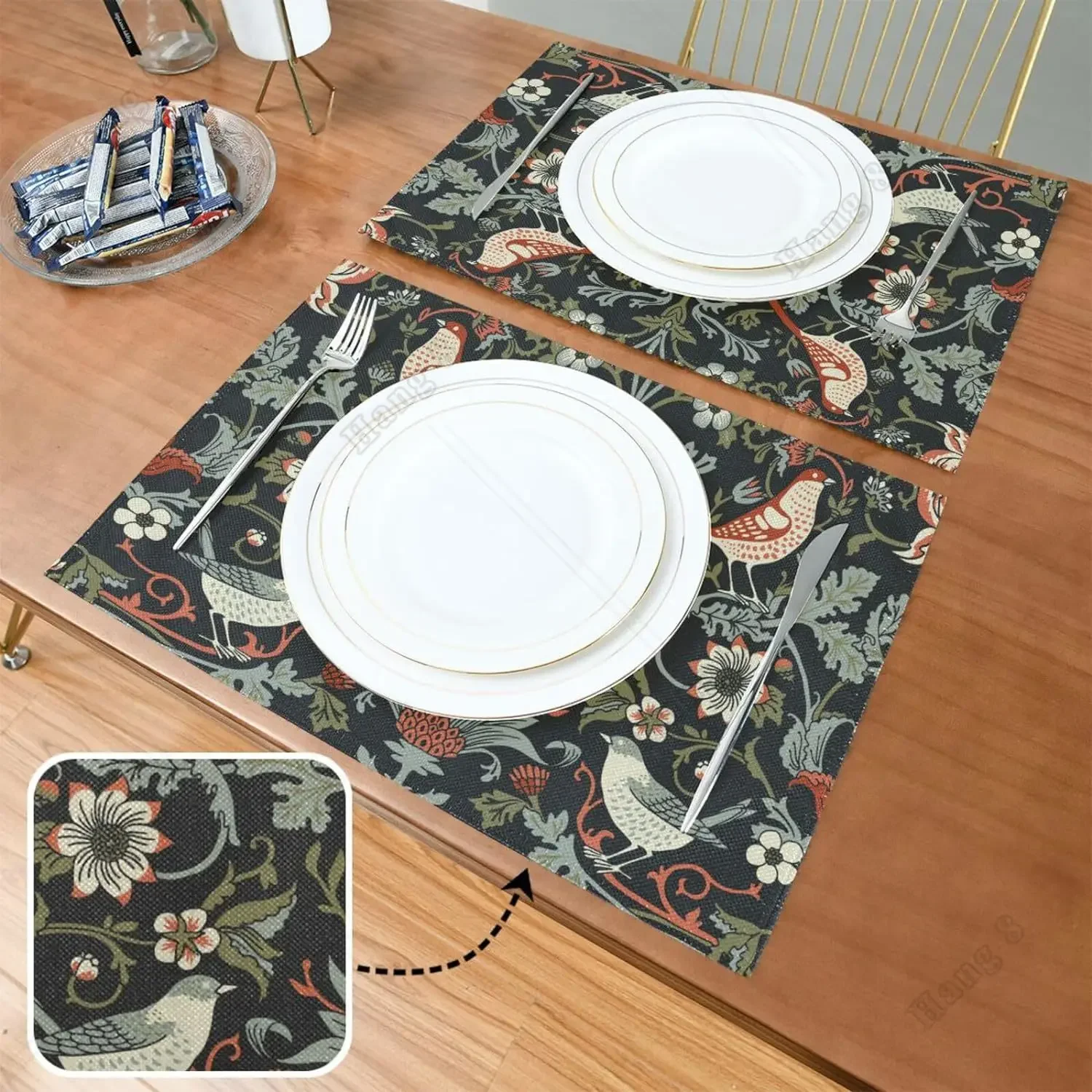 Vintage Birds Placemats Set of 4 William Morris Flower Birds 12x18inch Linen Washable Kitchen Table Place Mats Table Mats