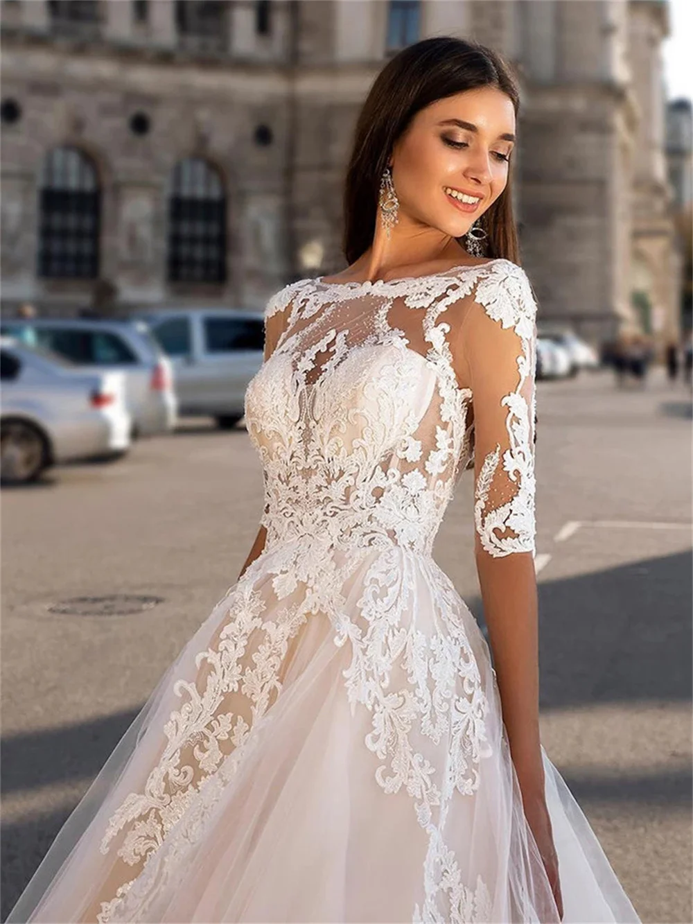 Princess A-Line Wedding Dresses Half Sleeves Appliques Lace Bride Robe Backless Bridal Gowns Boat Neck Lace-Up Vestidos De Noiva