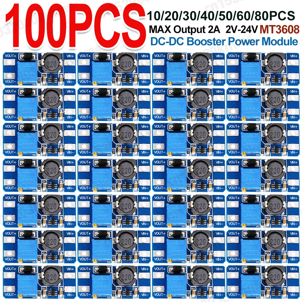 10-100pcs MT3608 DC-DC Adjustable Boost Module 2A Boost Plate Step Up Module with MICRO USB 2V-24V to 5V/9V/12V/24V Adjustable