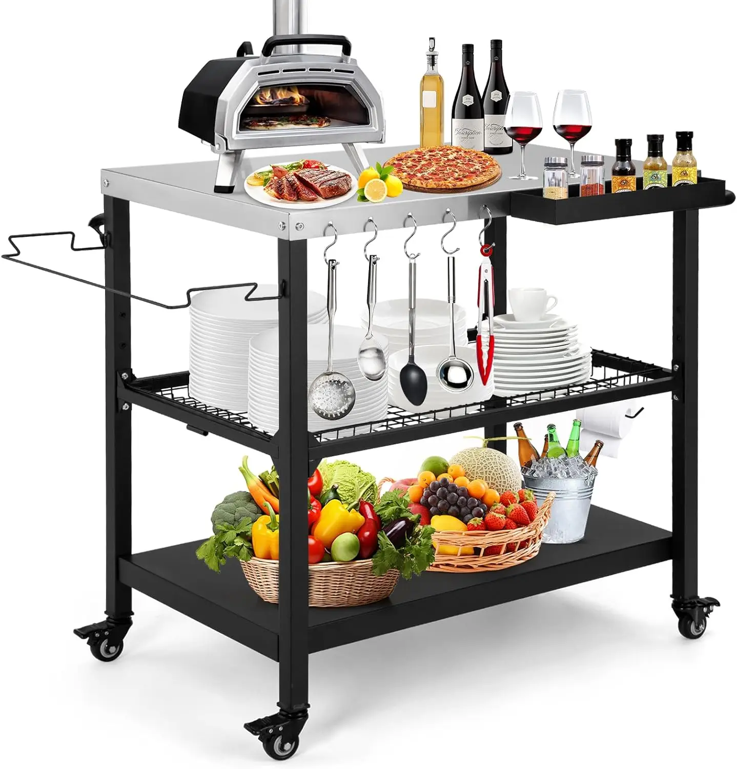 Outdoor Grill Cart, 3-Tier Rolling Prep Dining Cart Pizza Oven Stand Table With Lockable Casters, Hooks & Adjustable Mesh,