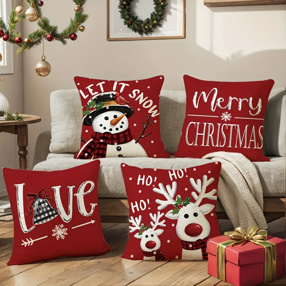 Festive Red Christmas Throw Pillow Covers -Snowman, Reindeer & Phrases | No Inserts, for Home Porch Patio Couch Sofa