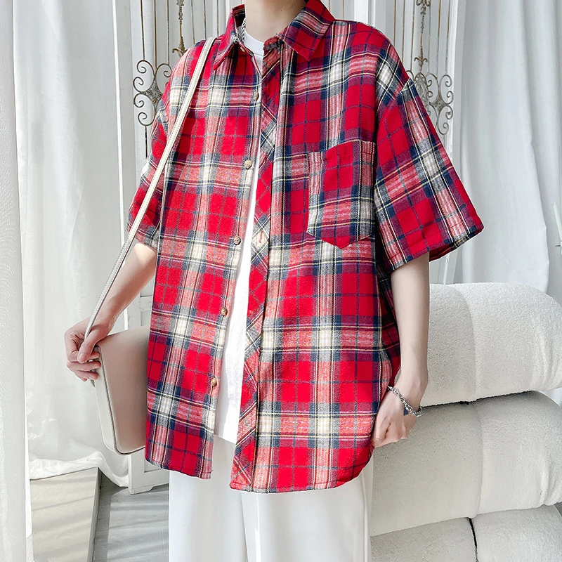 Vintage Plaid Shirts For Man Korean Fashion Plus Size 5XL-M Summer Loose Men Casual Shirt Short Sleeve All Match Blouse Homme