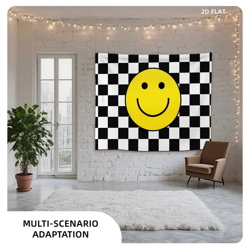 VIKAMA Black White Chessboard Pattern Smiling Face Tapestry, Graphic Wall Hanging for Bedroom Living Room Dorm