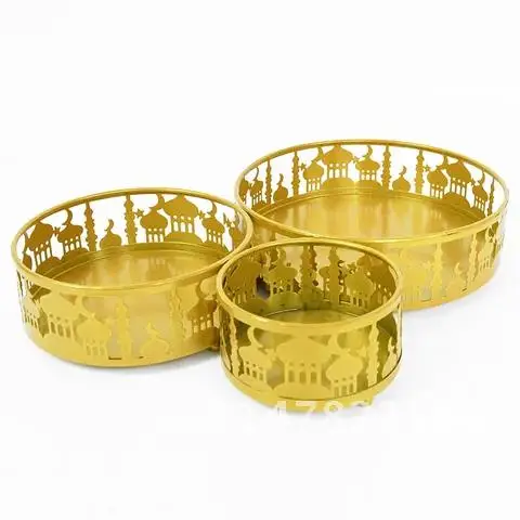 3pcs Ramadan Decor Gold Metal Food Trays Table Ornament Eid Mubarak Islamic Muslim Festival Party Decoration Supplies 2022 Gift