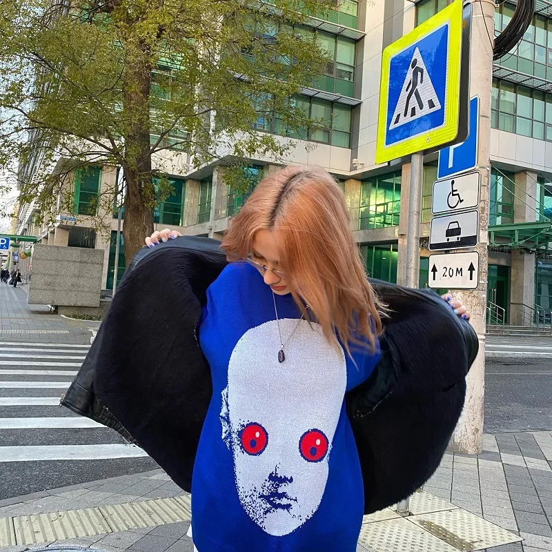 

Fashionable Sweater Gothic Streetwear Oversized Pullover Harajuku Grunge Printed Knitwear Casual Autumn Tattoo Sweater