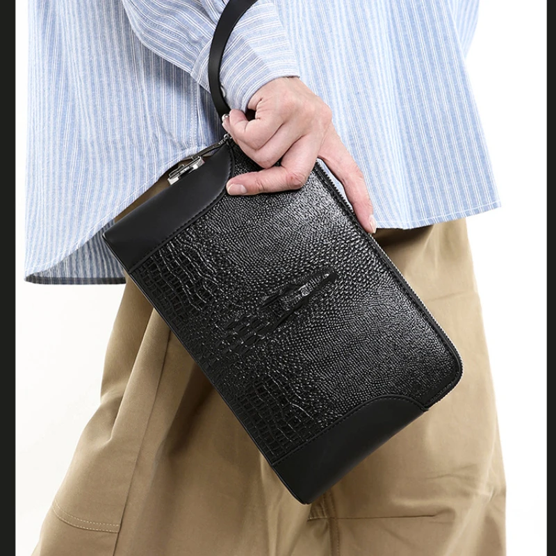 PU Leather Men's Clutch Bag with Password Lock Crocodile Pattern Business Handbag Wristlet Purse Large Capacity Zipper Wallet