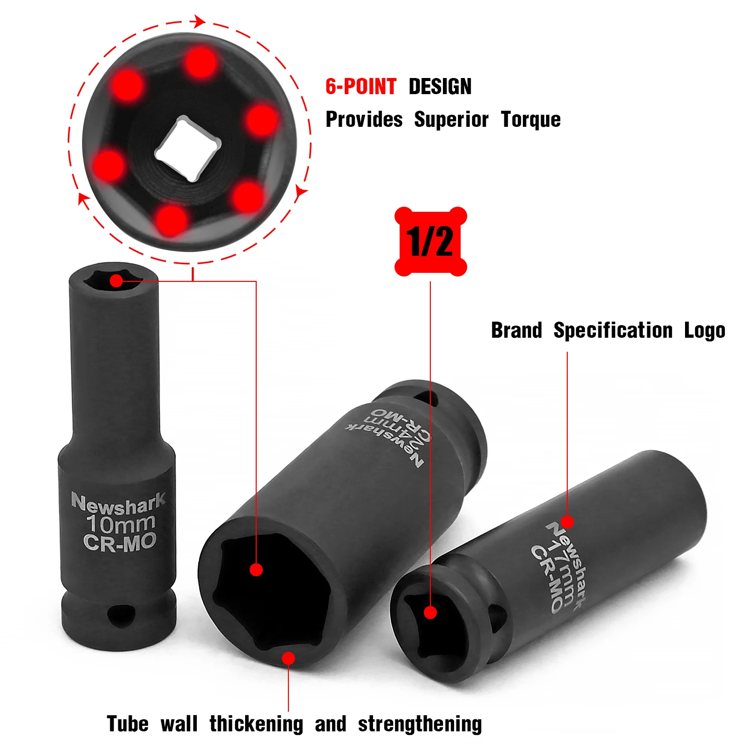 10-Piece 10-24MM Drive Deep Impact Socket Set, 6 Pointand Black Storage Box, in Compliance with Standards