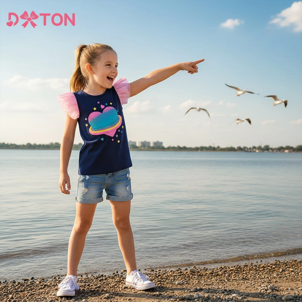 

DXTON Children Casual Tops Comfortable Cotton Baby Girls Summer T-shirts Heart Printed Ruffled Sleeveless Toddler Tees Outerwear